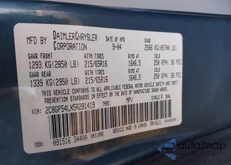 2005 Chrysler Town & Country Touring from USA, damaged, VIN 2C8GP54LX5R291419